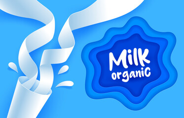 Paper cut milk drink wave, glass, drops and splash, vector dairy farm food product. 3d origami art white spirals of milk or cream swirling in cup with splashes, drops and wavy frame paper cut layers