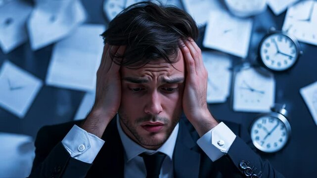 A stressed Caucasian businessman holds his head in frustration against a backdrop of clocks and paperwork, symbolizing time management challenges and work stress