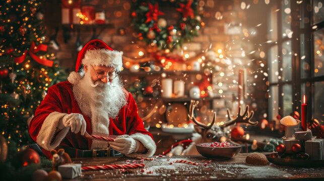 Santa Claus Preparing Candy Canes for Christmas in a Cozy Workshop Full of Decorations, 2023