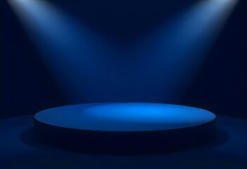 A dark blue stage with a circular platform illuminated by blue spotlights
