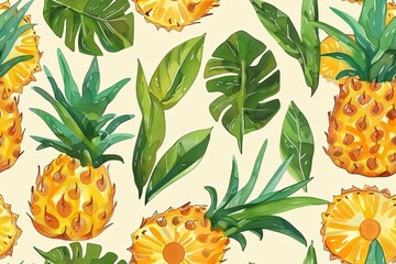 Tropical Pineapples and Leaves Illustration in Vibrant Colors with Natural Fresh Vibe