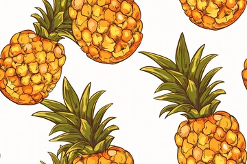 Seamless Pattern of Juicy Pineapples with Lush Green Leaves on White Background with Vibrant Colors