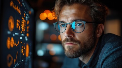 Focused young businessman wearing glasses, closely analyzing data on a glowing computer screen in a dimly lit office. Intense concentration, modern tech-driven workspace, professional analysis.