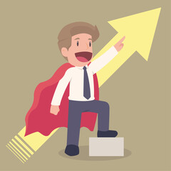 Businessman in red cloak looking like superhero and rising up arrow changing the direction. Business success concept .illustrator vector