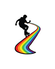 A silhouette of a person skateboarding on a rainbow path.