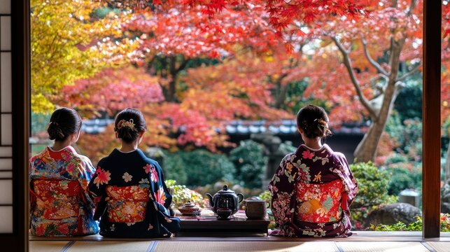 A traditional Japanese tea ceremony taking place in a Tokyo garden surrounded by vibrant autumn leaves. Participants wear colorful kimonos reflecting the season