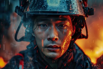 Asian Firefighter in Uniform with Fire Equipment