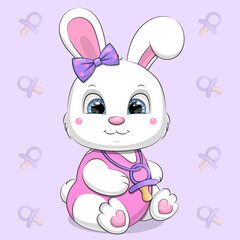 Fototapeta premium Cute cartoon white rabbit with purple bow and baby dummy. Vector illustration of an animal on a purple background with pacifiers.
