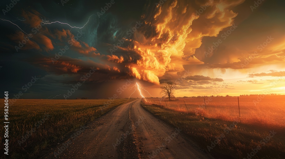 Poster a stormy sky with a lightning bolt and a tree in the foreground