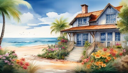 watercolor painting of a charming house by the beach. The house