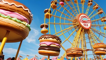 food rides the carnival rides are themed after food like a ferris wheel made of giant donut shaped.