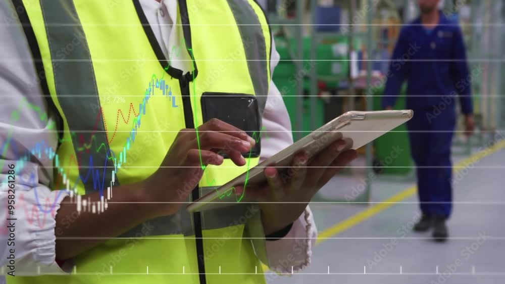Poster stock market graph animation over worker using tablet in industrial setting
