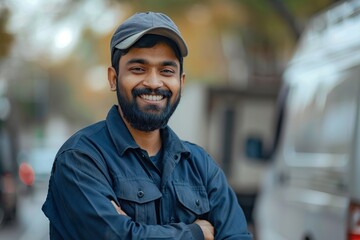 Cheerful Indian Driver of Delivery Van Posing in Uniform with a Friendly Smile