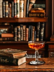 Classic Bitter Giuseppe Cocktail on Rustic Bar Counter with Vintage Books