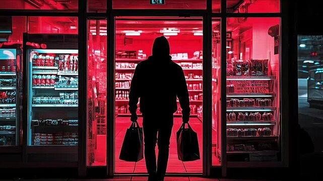Hooded Figure Entering Convenience Store at Night Depicting Retail Robbery Under Red Light