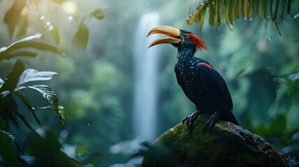 Obraz premium A Wreathed hornbill calling out to its mate, its loud cry echoing through the rainforest, with a blurred waterfall visible in the distance.