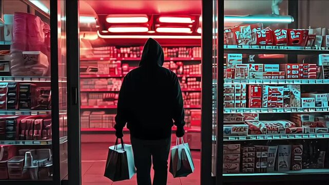Hooded Figure Entering Convenience Store at Night Depicting Retail Robbery Under Red Light
