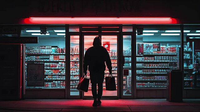 Hooded Figure Entering Convenience Store at Night Depicting Retail Robbery Under Red Light