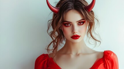 Bewitching Devil Woman in Red Horns and Makeup for Halloween Portrait