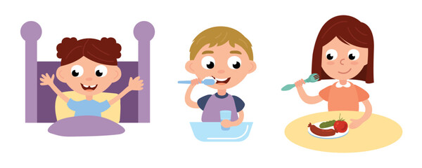Daily routine for a child. Children wake up, brush their teeth and have breakfast.