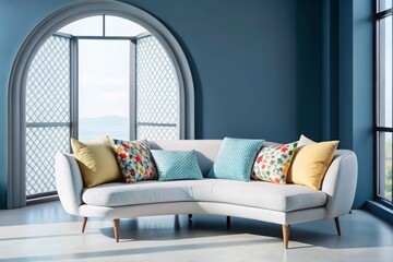 Curved sofa with colorful multicolored pillows and armchair against window. Minimalist interior design of modern living room