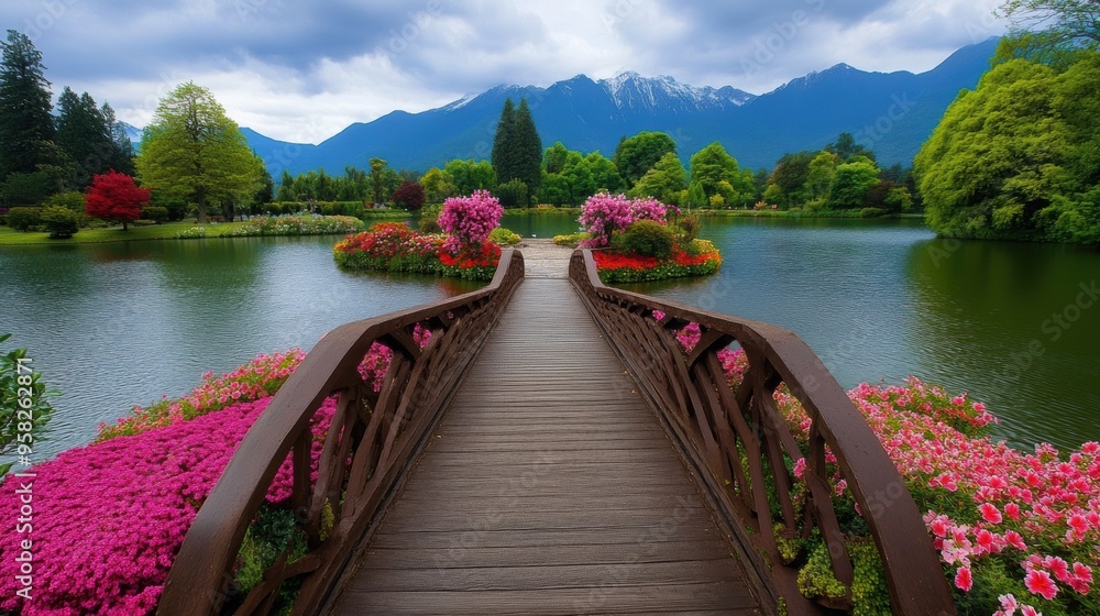 Sticker A bridge over a lake with flowers and trees in the background, AI