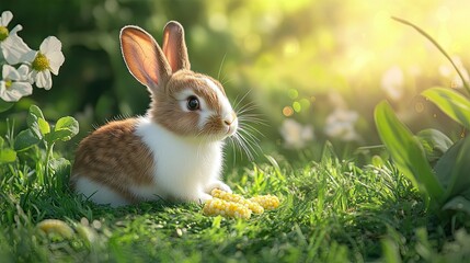 Fototapeta premium Adorable brown and white bunny sitting on green grass, nibbling on fresh grass and organic baby corn, surrounded by a natural meadow background