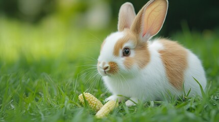 Fototapeta premium Adorable brown and white rabbit enjoying fresh grass and nibbling on organic baby corn, sitting comfortably on a green grassy meadow