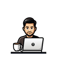 A man working from home, sitting at a desk with a laptop and a cup of coffee.