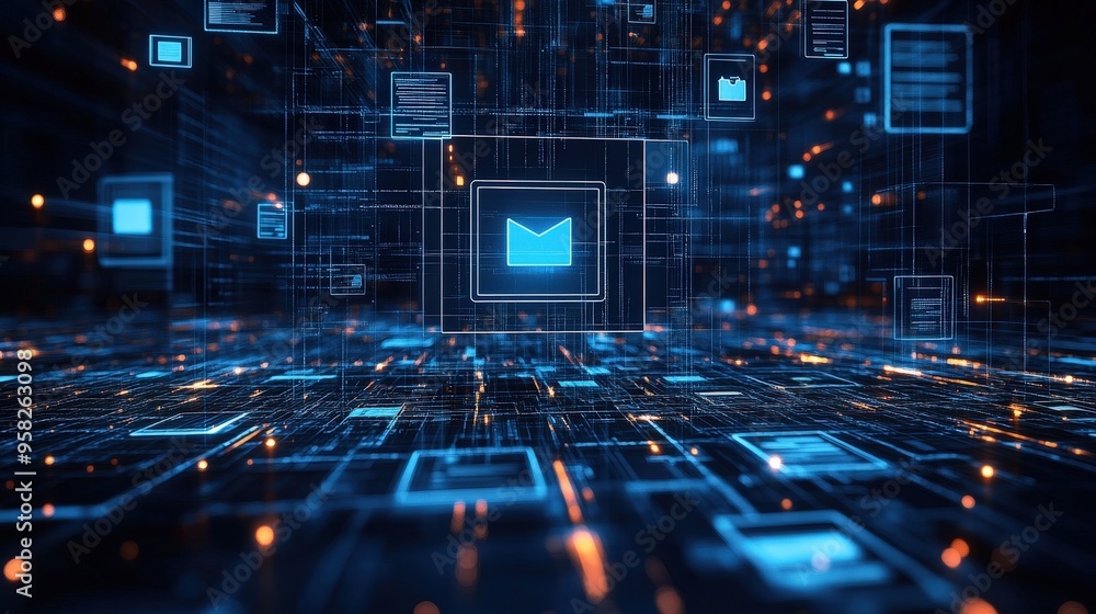 Poster abstract network grid with files and folders, futuristic software interface, digital document manage