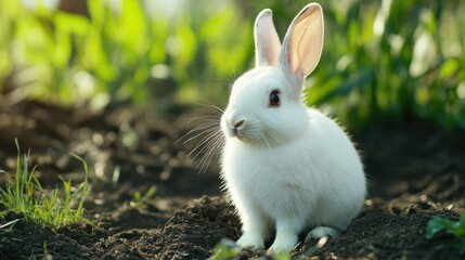 Adorable white rabbit outdoors in a farm environment, looking curiously at the camera, surrounded by grass and soil, highlighting its fluffy fur