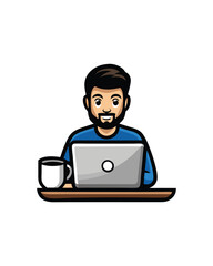 A cartoon man with a beard working from home, sitting at a desk with a laptop and a cup of coffee.