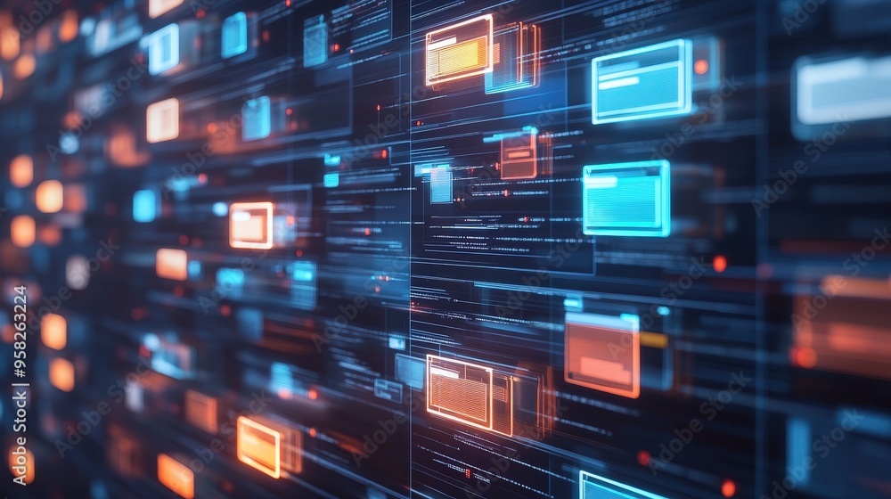 Poster abstract network grid with files and folders, futuristic software interface, digital document manage