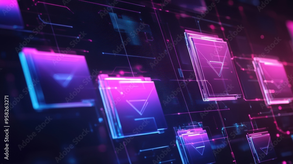 Poster abstract network grid with files and folders, futuristic software interface, digital document manage
