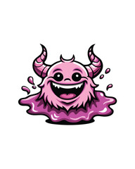 Cartoon illustration of a playful pink blob monster with horns, smiling happily and splattered on the ground.