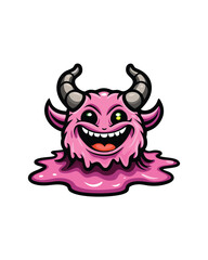 A playful, pink, blob-like monster with horns smiles happily and has a gooey, dripping body.