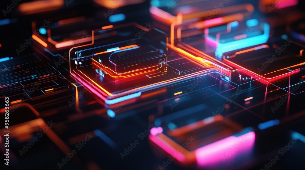 Poster abstract network grid with files and folders, futuristic software interface, digital document manage