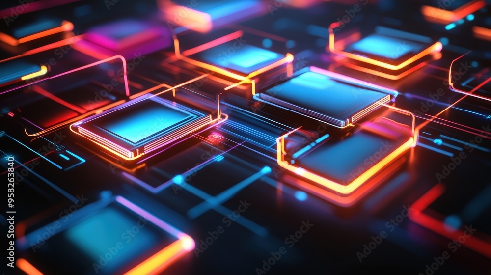 Poster abstract network grid with files and folders, futuristic software interface, digital document manage