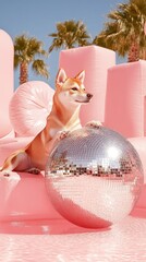 Shiba Inu with disco ball in a festive pink pool setup