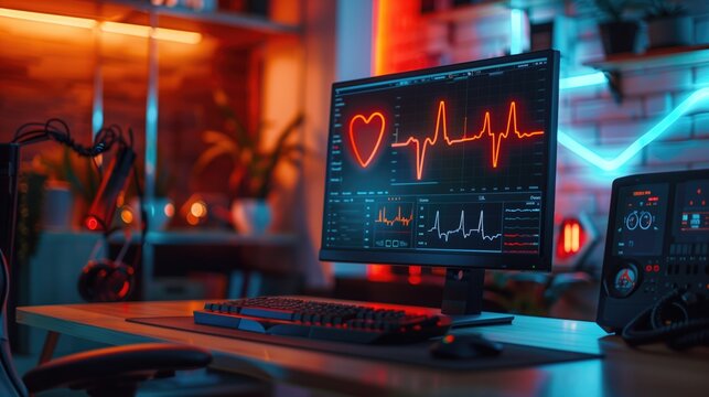 Modern Tech Office with Heartbeat Monitoring System on Computer Screen.