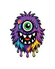A playful, one-eyed monster with purple fur and colorful dripping paint.