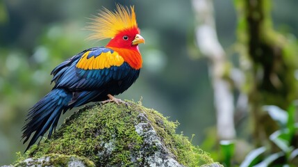 Obraz premium An Andean Cock-of-the-rock male perched on a moss-covered rock, its colorful plumage blending seamlessly with the surrounding environment.