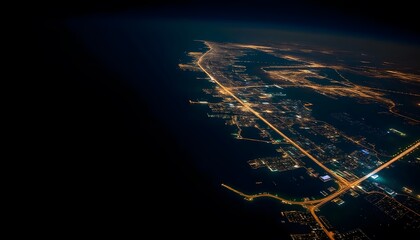 Aerial view of a coastal city at night, with a winding road and scattered lights illuminating the landscape against a dark background