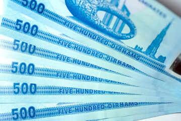 Close up Dirhams currency with new design Notes, AED, Bank notes and coins, United Arab Emirates