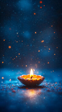 Diya on blue bokeh background with text space diwali concept