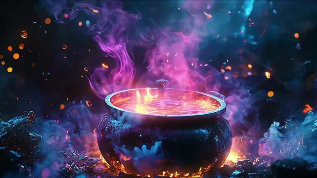 A witch cauldron with mystical symbols
