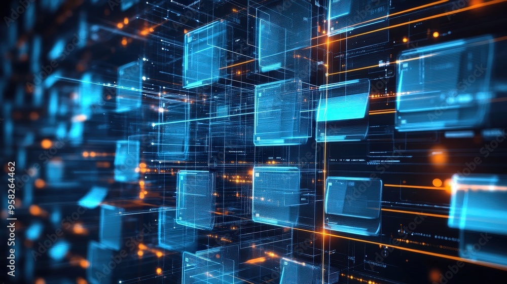 Poster abstract network grid with files and folders, futuristic software interface, digital document manage