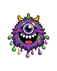 A playful one-eyed monster with purple fur, a big smile, and dripping colorful paint.