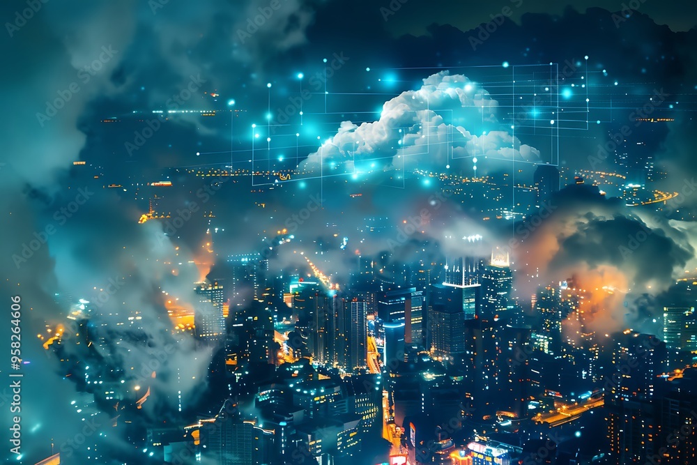 Wall mural cloud computing concept and innovative technology background. data backup on cloud storage