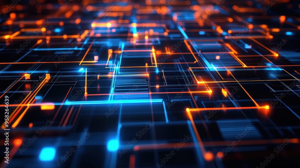 Poster abstract network grid with files and folders, futuristic software interface, digital document manage